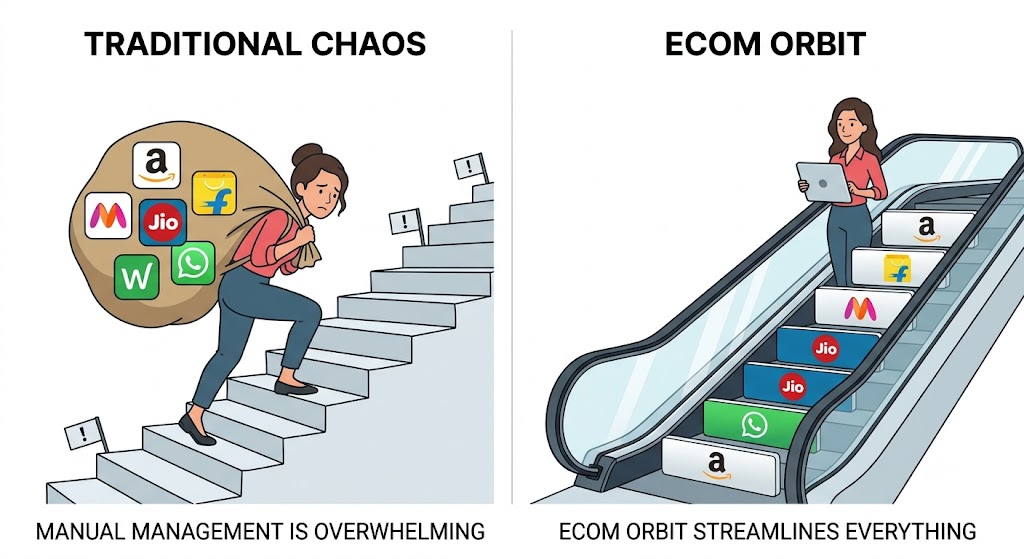 Comparison illustration showing a seller struggling to manage multiple sales channels manually versus a seller using E-Com Orbit to manage everything from one place